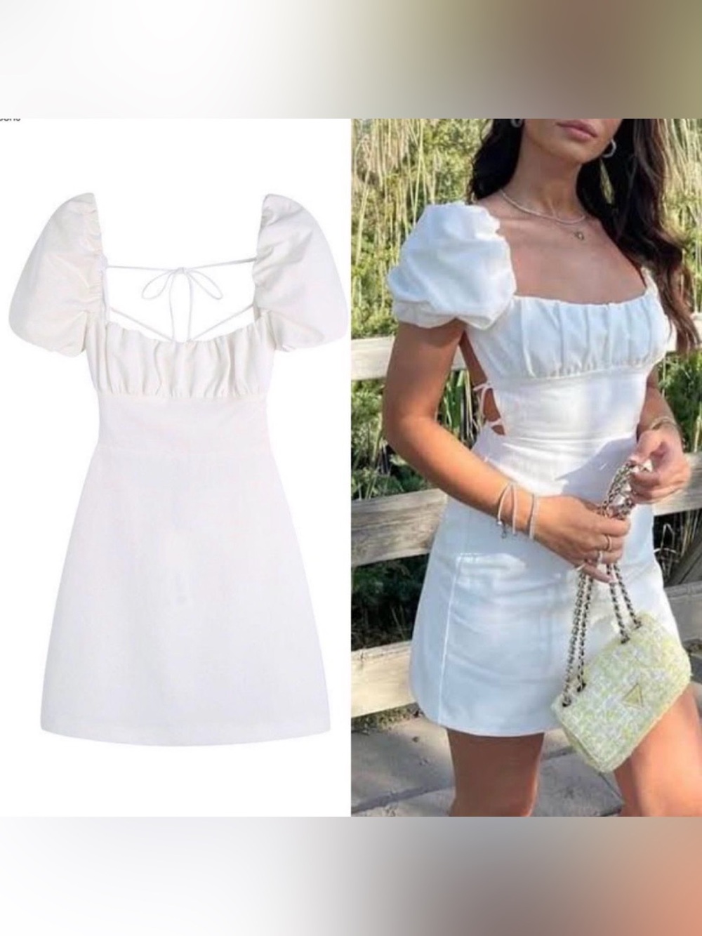 Zara White Puff-Sleeve Mini Dress with Square Neck
